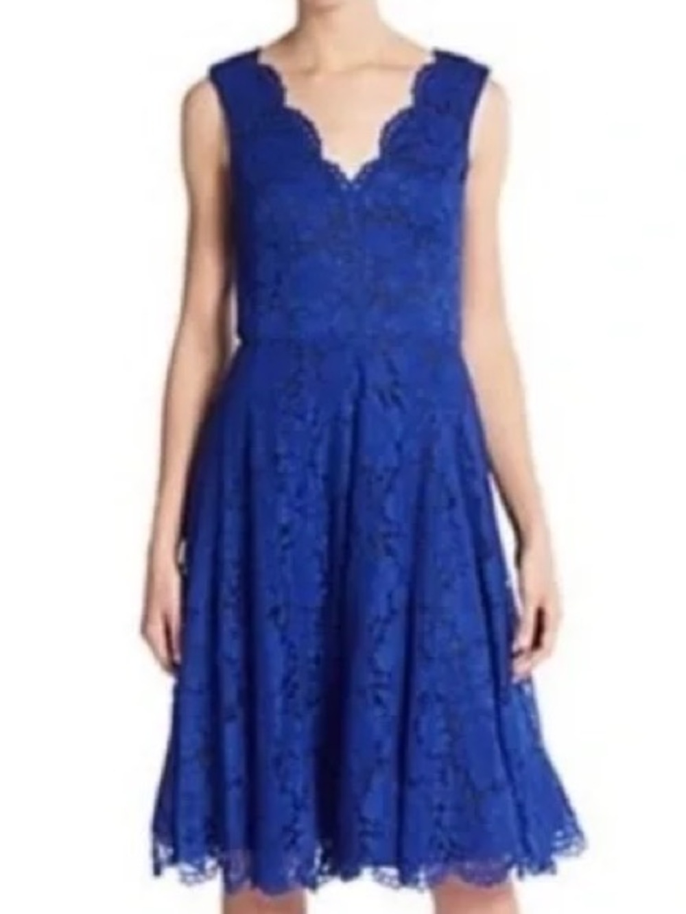 Vera Wang Cobalt Blue Lace V‑Neck Midi Dress